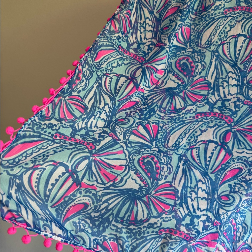 Lilly Pulitzer Blue and Pink Pom-Pom Scarf